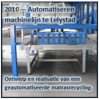 Tekstvak: 2010— Automatiseren 
machinelijn te Lelystad

Ontwerp en realisatie van een 
geautomatiseerde matrasrecycling.